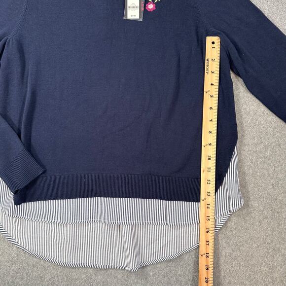Crown & Ivy Layered Sweater Floral Embroidered Women's Large Navy Blue Stripe - Picture 6 of 9